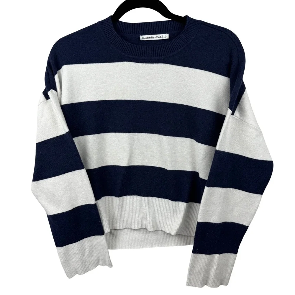 Abercrombie & Fitch Striped Sweater Womens Small Navy White Cropped Nautical - Picture 3 of 13